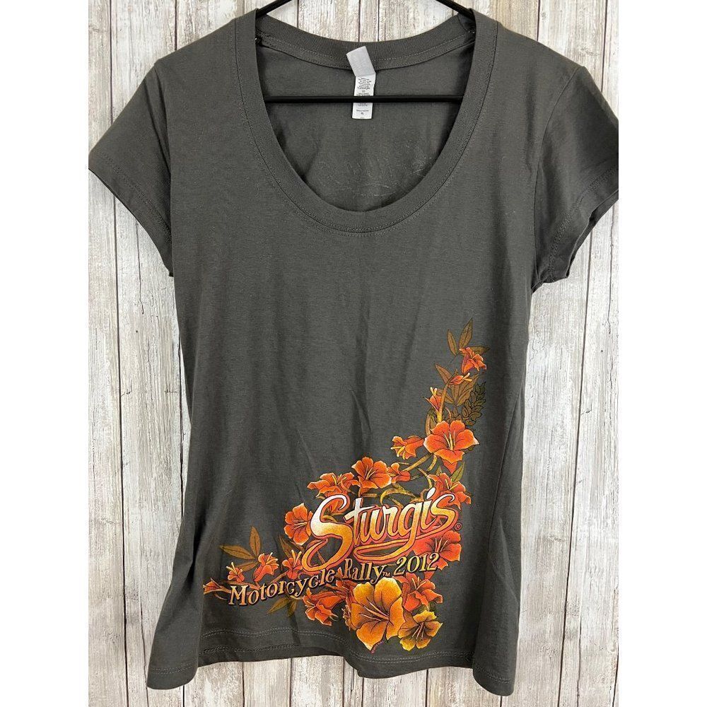 2012 Sturgis Motorcycle Rally Floral Design Women's Black  T-Shirt XL